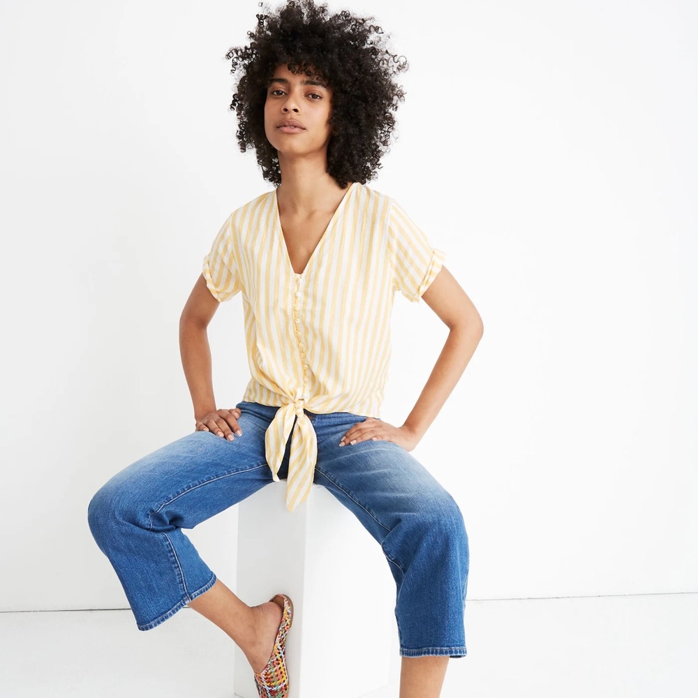 Madewell Agency Tie-Front Button Top in Pompano Stripe Blouse Shirt
